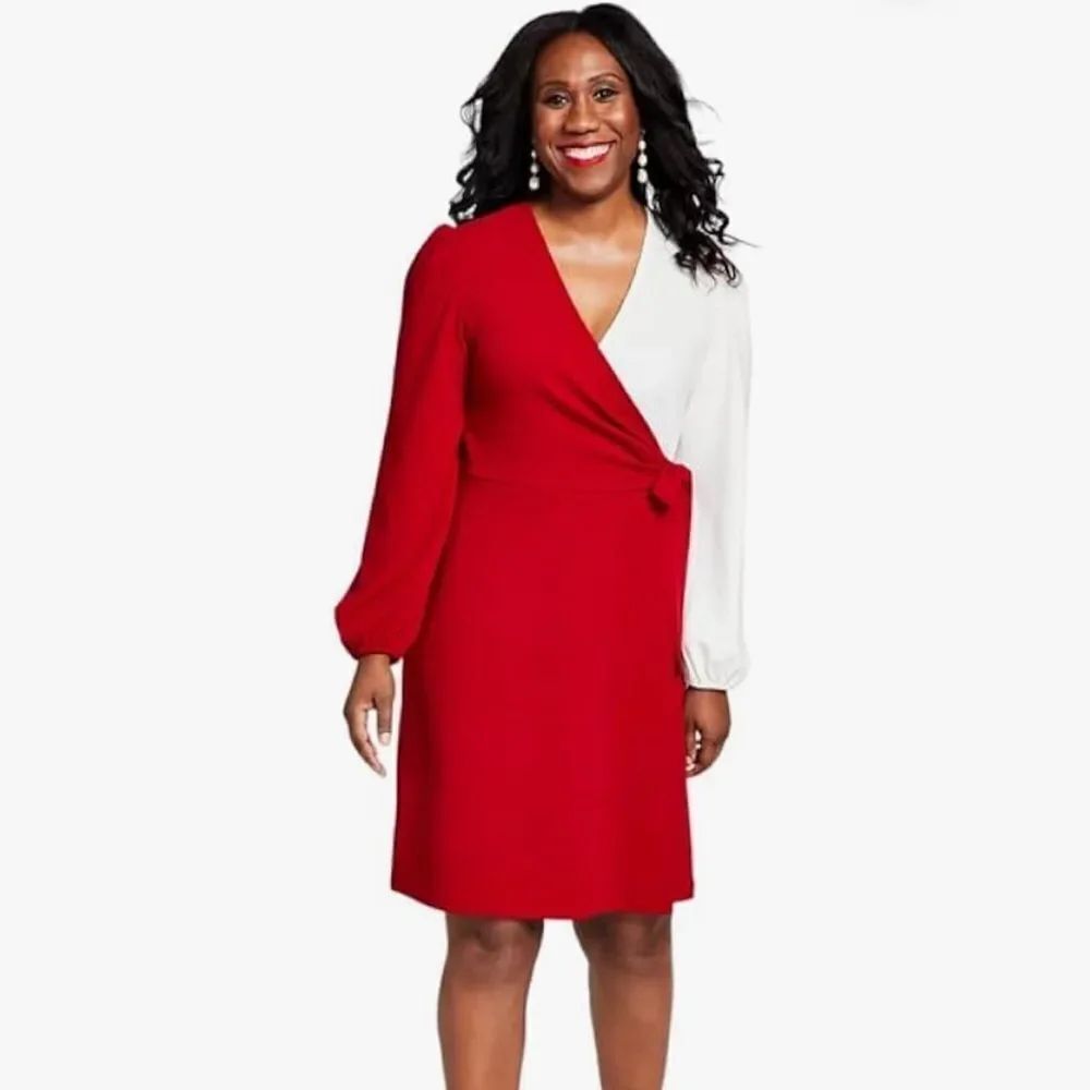 Kasper Red & White Women's Colorblocked Surplice Side-Tie Dress Size Large